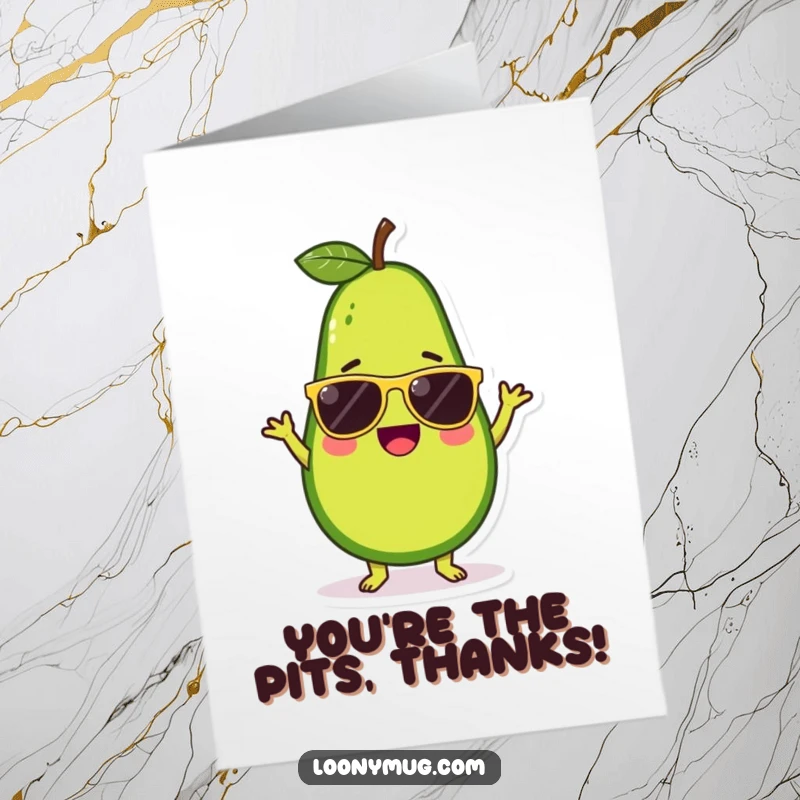 Funny Free Printable Thank You Card: An avocado character in sunglasses doing a wonderfully silly dance, expressing thanks with flair.