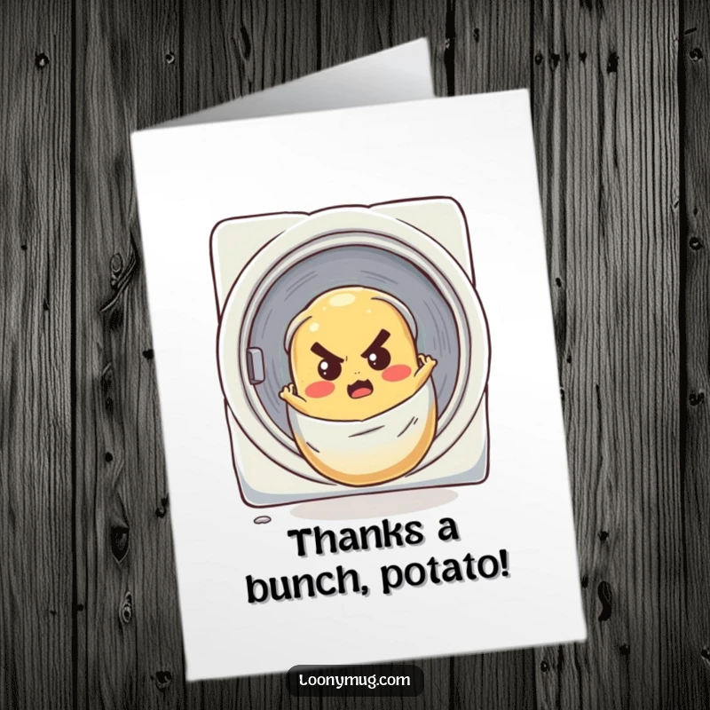 Funny Free Printable Thank You Card: Determined potato triumphantly rolling down laundry chute. Memorable downloadable gift.