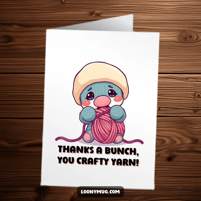 Funny Free Printable Thank You Card: Sock puppet caught in the act of stealing yarn, expressing thanks with a mischievous grin.