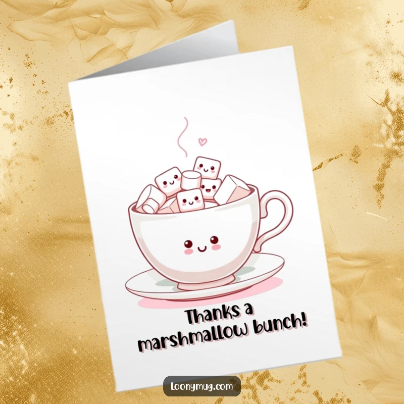Funny Free Printable Thank You Card: A teacup filled with energetic, dancing marshmallows expresses heartfelt thanks.