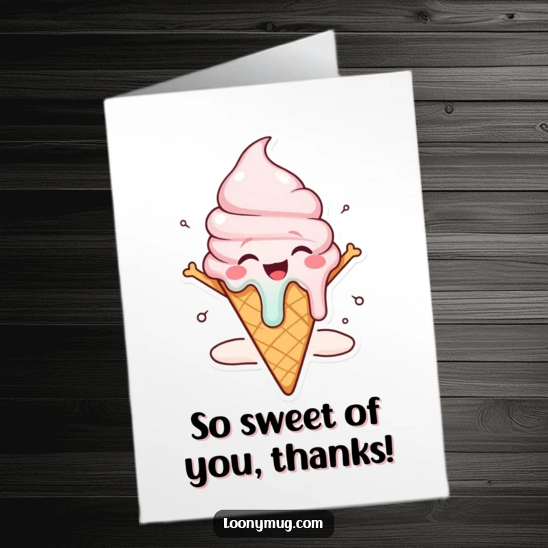 Funny Free Printable Thank You Card: An ice cream cone character melting dramatically with joy, dripping sweet appreciation, perfect for printing at home.