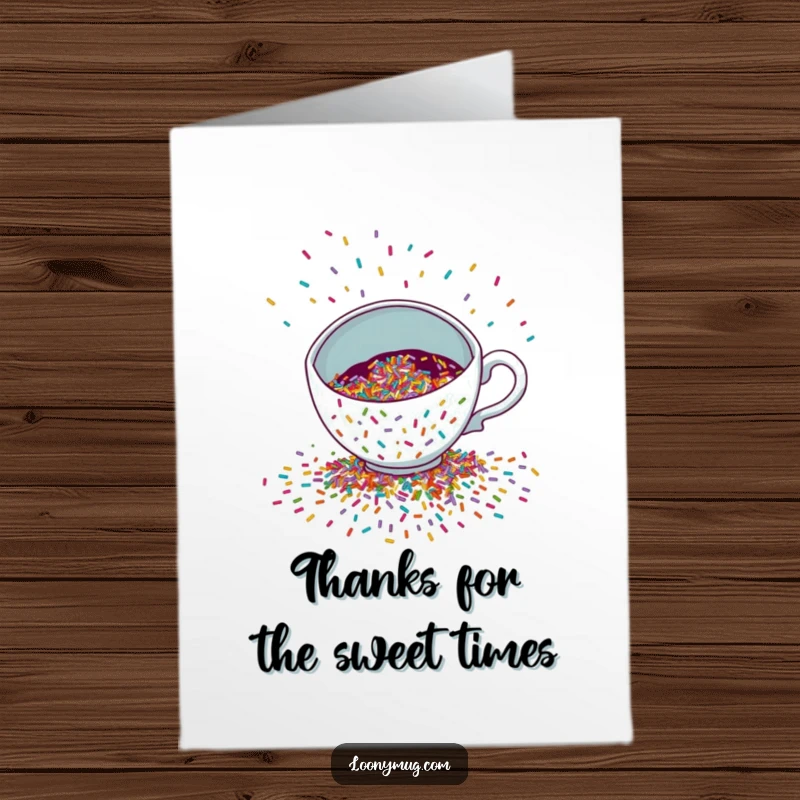 Funny Free Printable Thank You Card: A teacup playfully spills colorful sprinkles as a thank you.