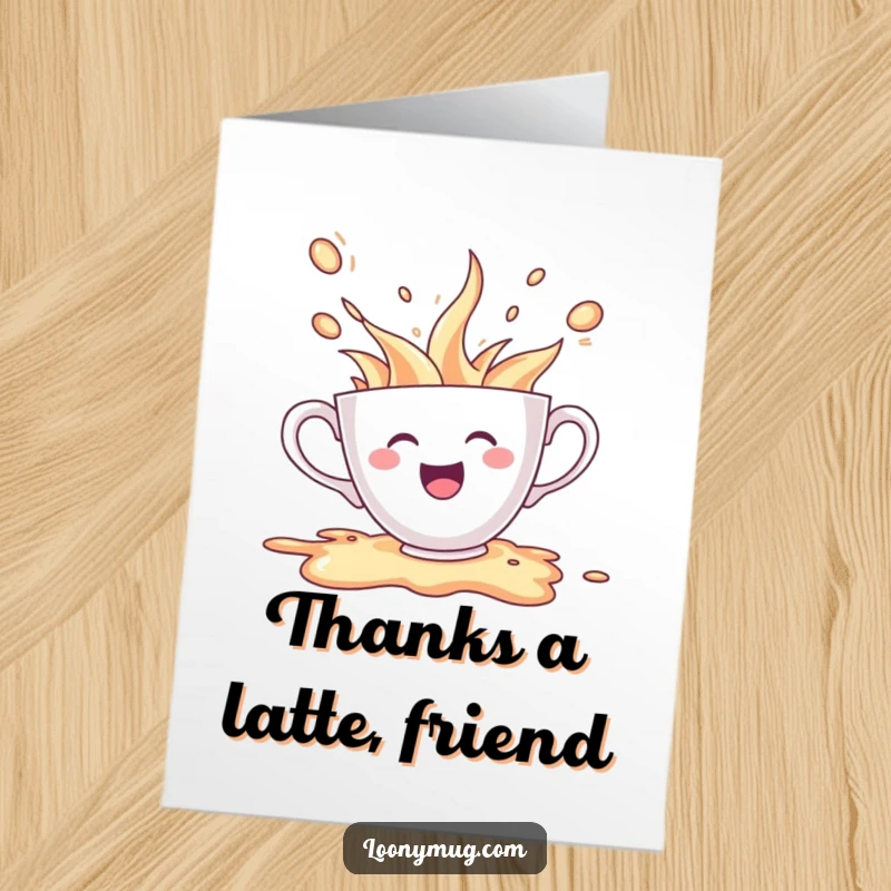 Funny Free Printable Thank You Card: A cheerful teacup character spills its drink in a moment of pure excitement.