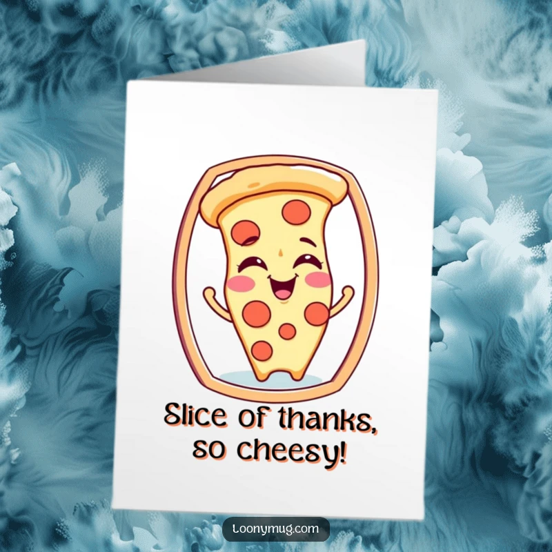 Funny Free Printable Thank You Card: A giggling pizza slice character makes comical faces in a mirror, expressing thanks humorously.