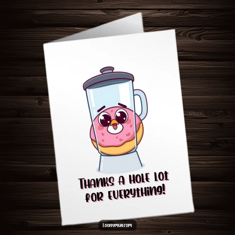 Funny Free Printable Thank You Card: Startled donut with googly eyes making a mad dash to escape a blender.