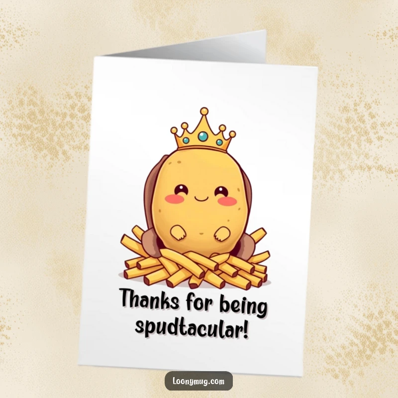 Funny free printable thank you card: a crowned potato sits proudly on a french fry throne, making a grand gesture.