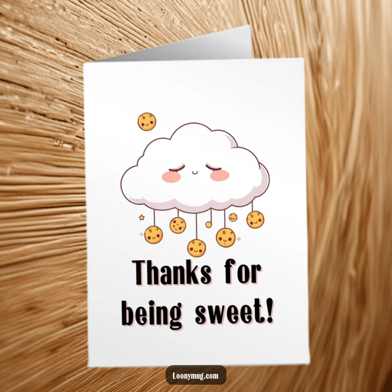 Funny Free Printable Thank You Card: Sleepy cloud dreaming of raining cookies, a charming downloadable gift.