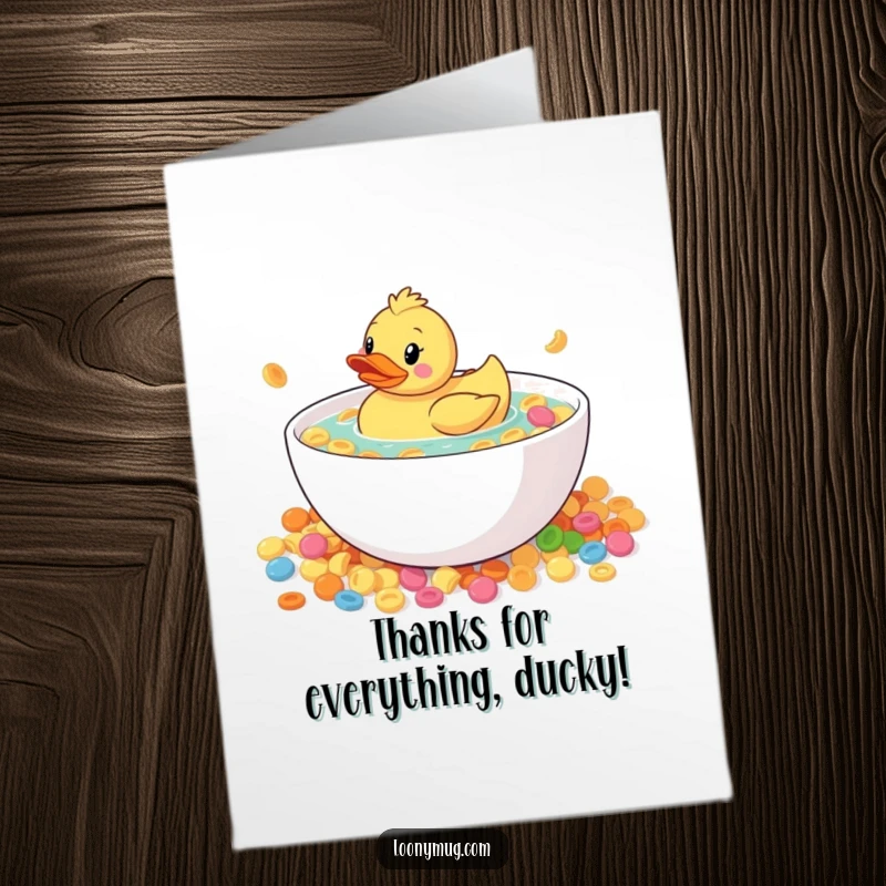Funny Free Printable Thank You Card: A curious rubber duck floats in a giant bowl of cereal, a fun DIY gift.