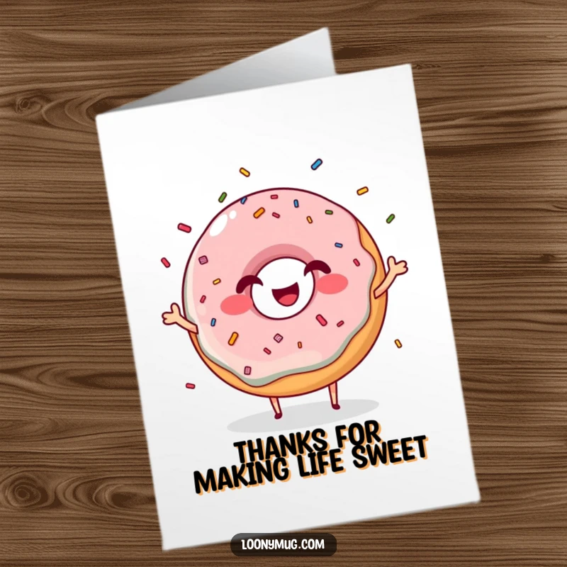 Funny Free Printable Thank You Card: A giggling donut character with a big grin, joyfully juggling a cascade of colorful sprinkles for printing.