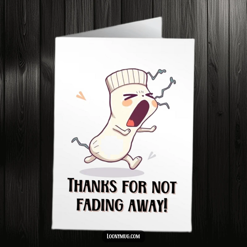 Funny Free Printable Thank You Card: Sleepy yawning sock evades a lint monster, a fun way to say thanks.