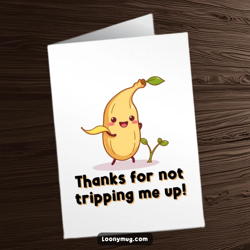 Funny Free Printable Thank You Card: A cheeky banana peel tries to trip a potato sprout, a playful downloadable gift.