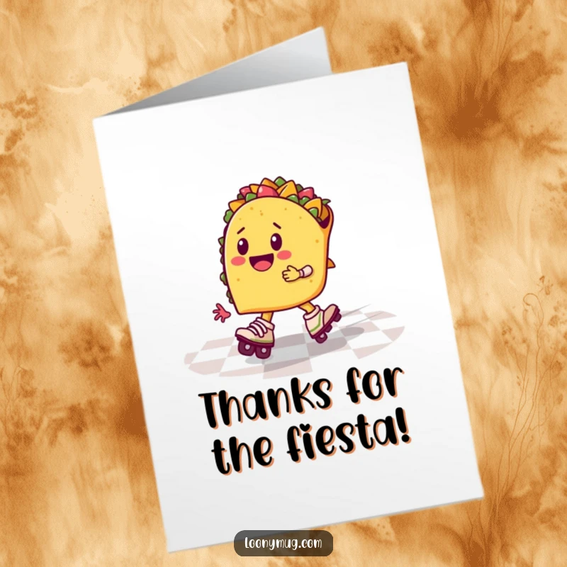 Funny Free Printable Thank You Card: A cheerful taco on roller skates speeds across a checkered floor, a fun DIY gift.