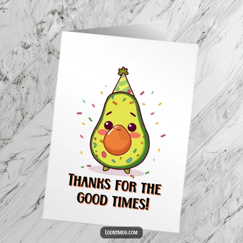 Funny Free Printable Thank You Card: A surprised avocado wearing a party hat showered in confetti, perfect for a DIY gift.