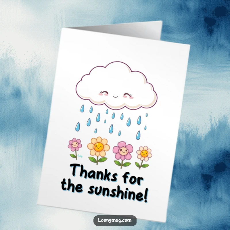 Funny Free Printable Thank You Card depicting smiling raindrops falling from a cloud onto vibrant, happy flowers, a sweet thank you design.