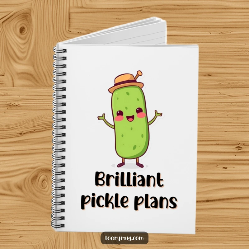 Funny notebook with a dancing pickle wearing a top hat, ideal for jotting down creative ideas.