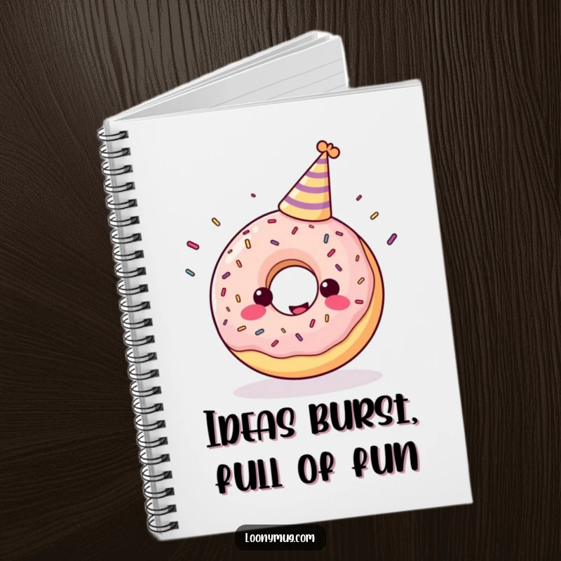 Funny notebook cover featuring a cheerful donut in a party hat juggling sprinkles.