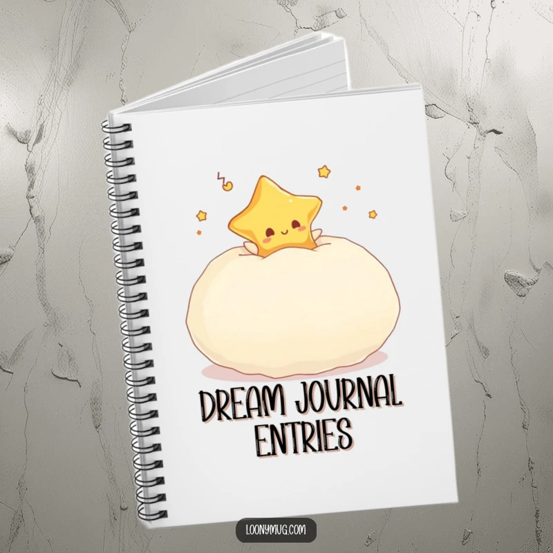 Funny notebook featuring a dreaming star character bouncing on a giant, fluffy pillow with joy.