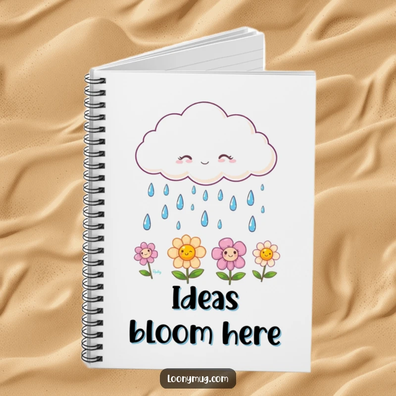 Funny notebook with a fluffy cloud raining smiling raindrops onto cheerful happy flowers, perfect for students and creative minds.