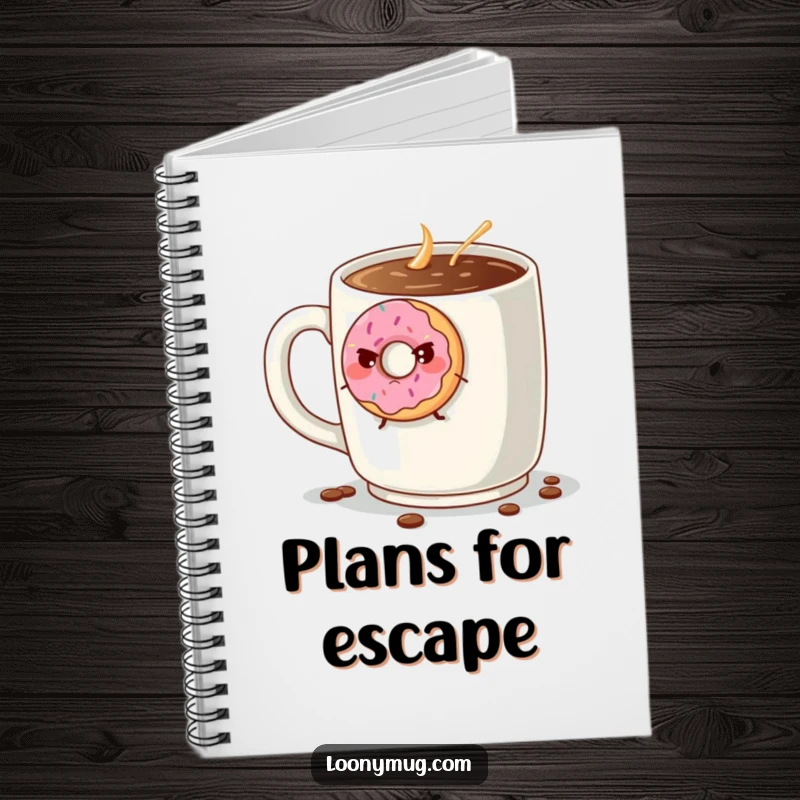 Funny grumpy donut attempting to escape a giant coffee mug, on the cover of a lined notebook. Great for journaling.