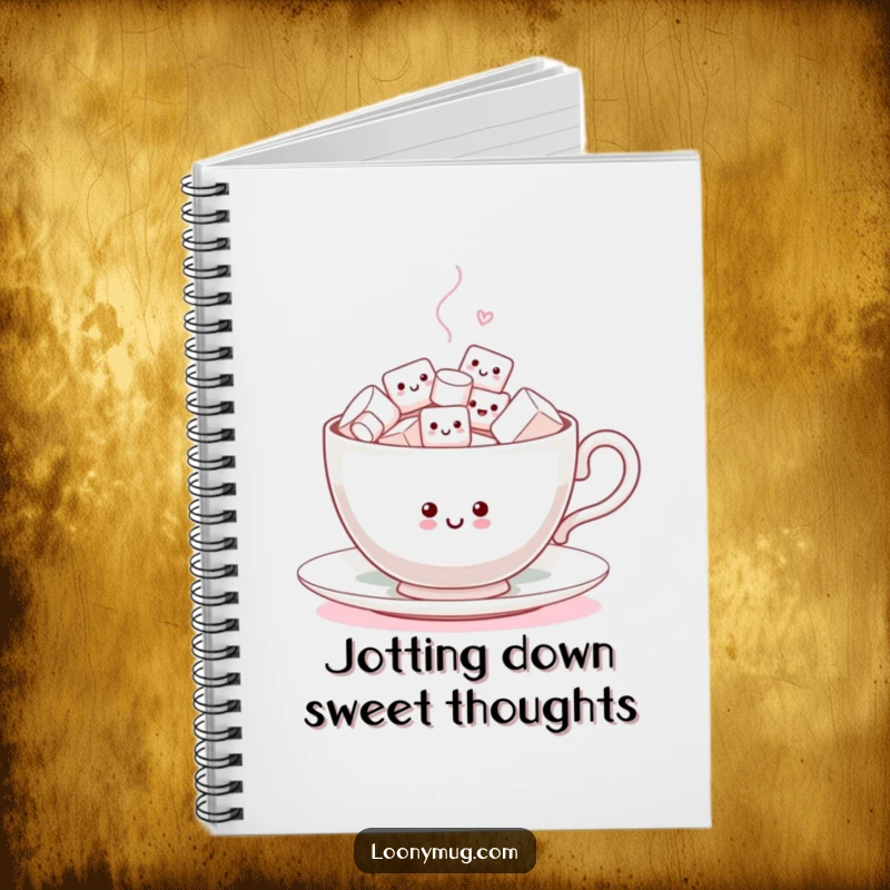 Funny Notebook cover with a happy teacup brimming with tiny, spirited marshmallows dancing, ready for your thoughts.