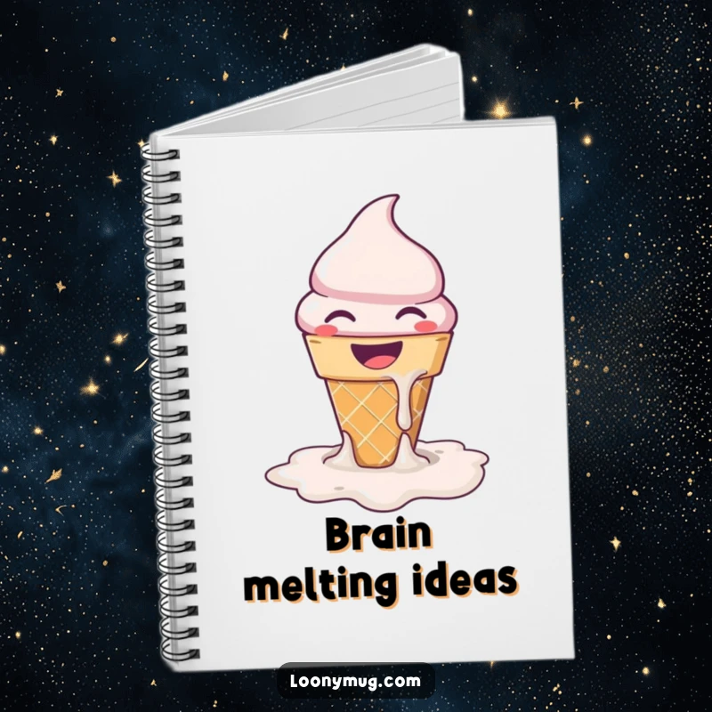 Funny melting ice cream design on a notebook, ideal for capturing ideas with a sweet and humorous flair.