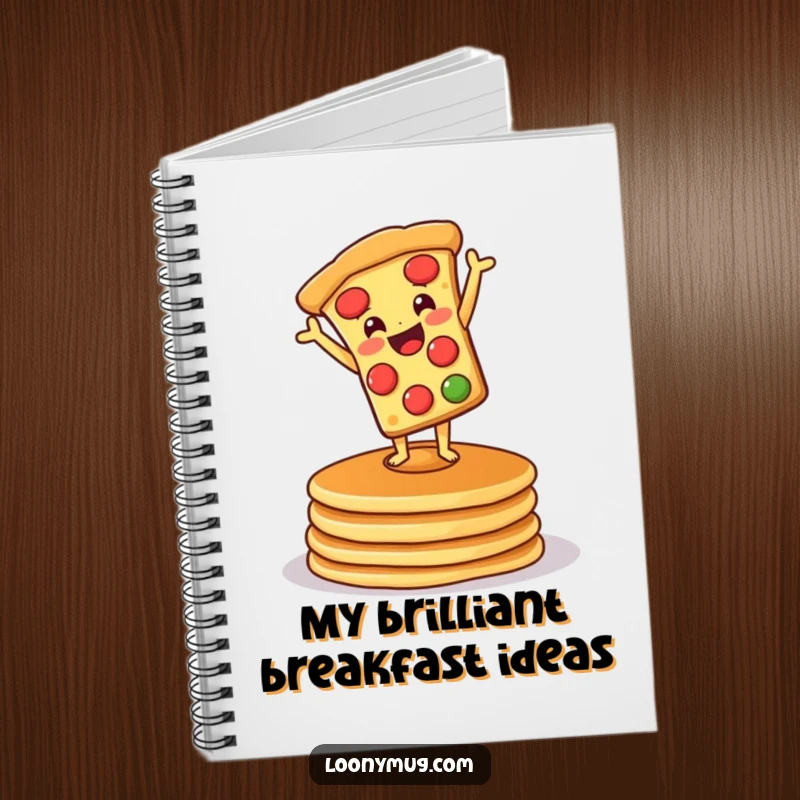 Funny notebook cover with a pizza doing a handstand on pancakes, ideal for jotting down notes and doodles with a breakfast theme.