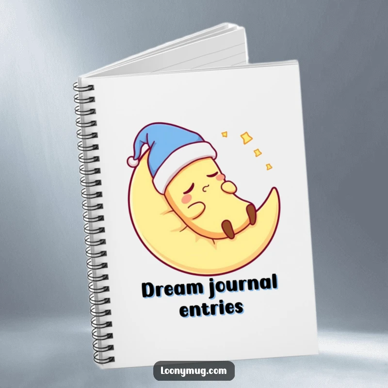 Funny banana wearing a nightcap, snoring on a moon pillow, on a notebook cover, for journaling, humorous.
