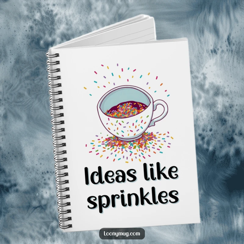 Funny Notebook featuring a mischievous teacup spilling a colorful cascade of sprinkles, ideal for jotting down festive plans.