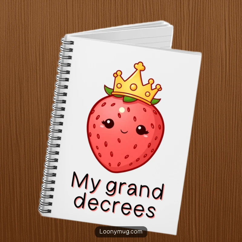 Funny notebook with a plump strawberry wearing a tiny crown, looking imperious, perfect for notes and regal ideas.
