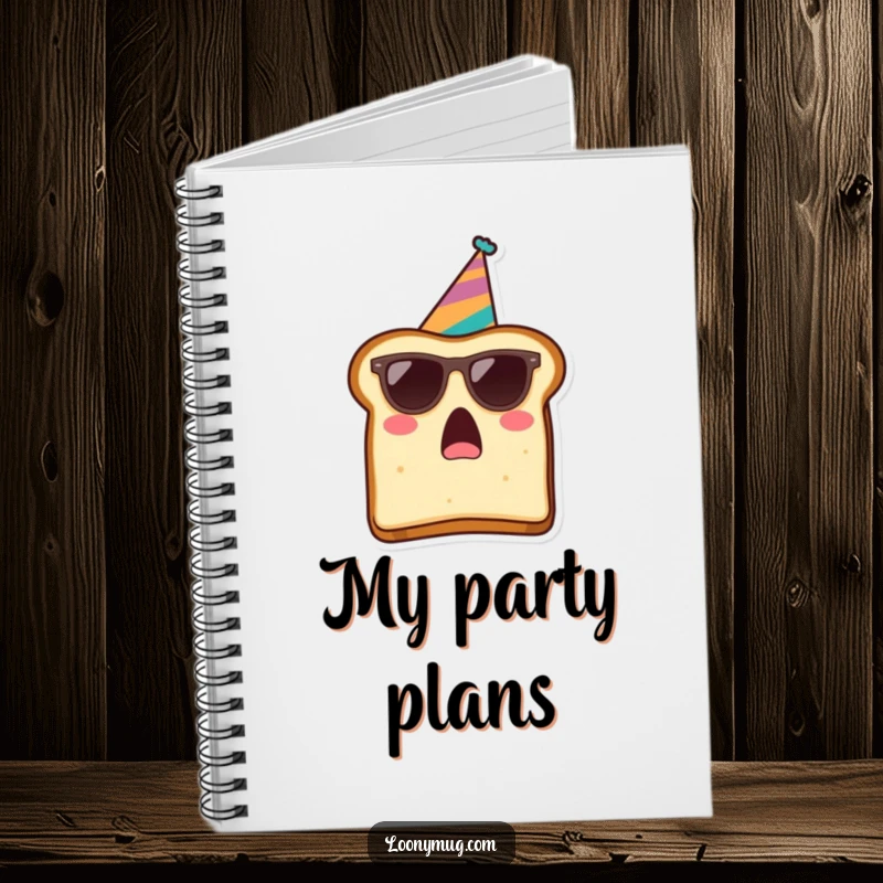 Funny notebook with a surprised slice of toast in sunglasses and a party hat, perfect for jotting down hilarious thoughts.