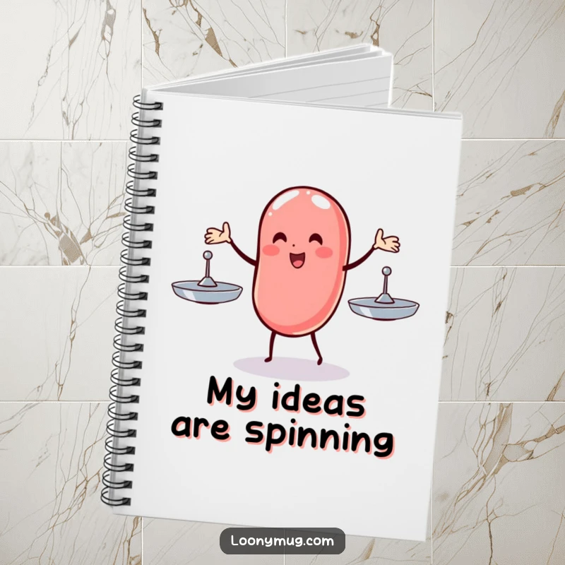 Funny notebook featuring a wobbly jelly bean juggling three spinning plates, ideal for planning and organizing with a humorous touch.