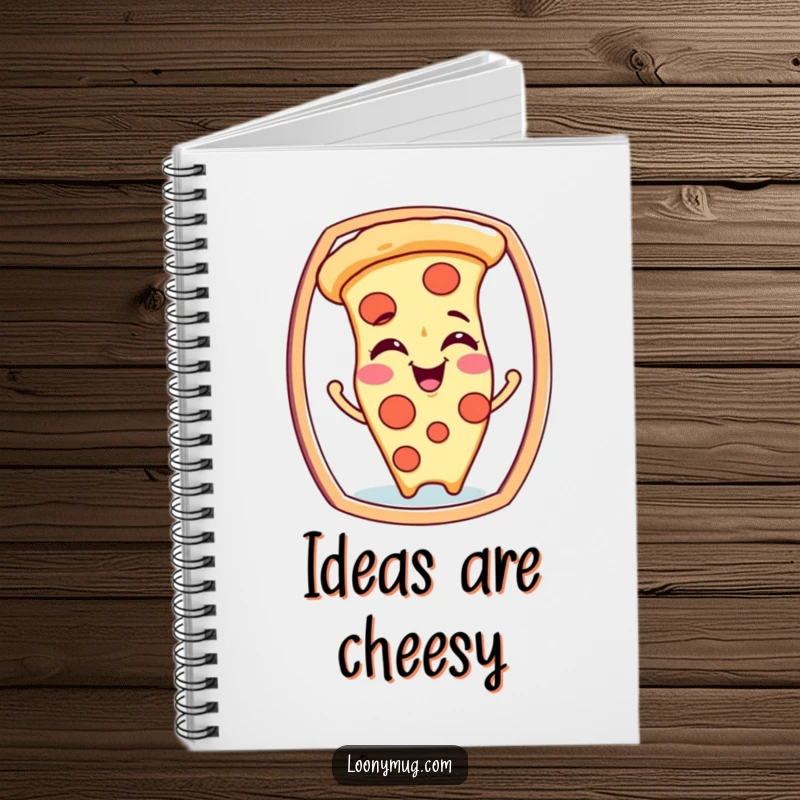 Funny notebook with a giggling pizza slice character making funny faces at its reflection, ideal for jotting silly thoughts.