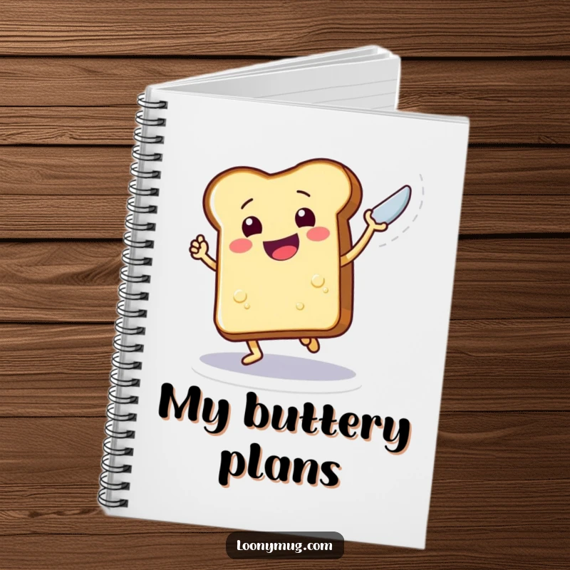 Funny notebook cover illustration of a piece of toast doing a happy dance with a butter knife, ready for creative thoughts.
