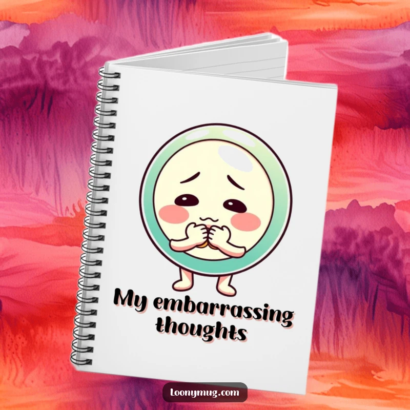 Funny notebook with a shy button character fumbling with its fasteners, for jotting down bashful and funny thoughts.