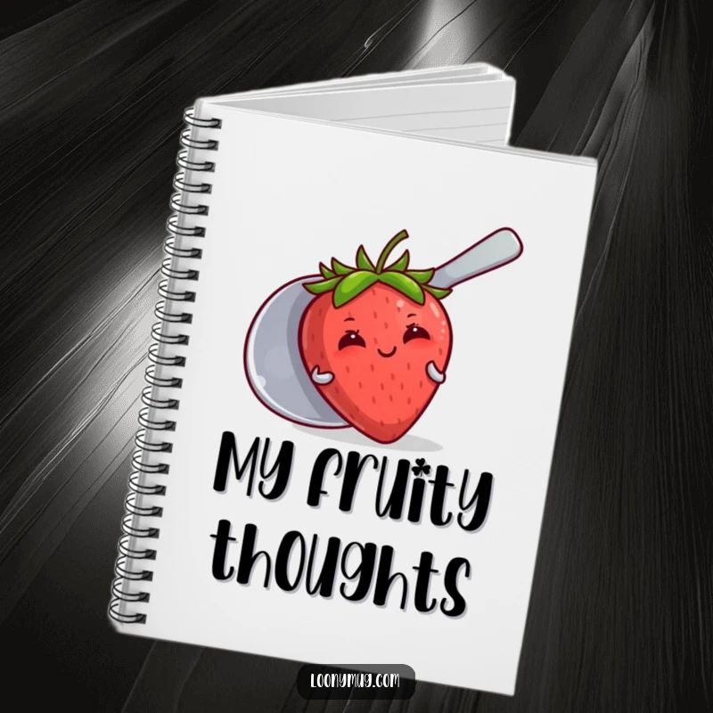 Funny notebook with a blushing strawberry hiding behind a large spoon, ideal for jotting down sweet and funny notes.