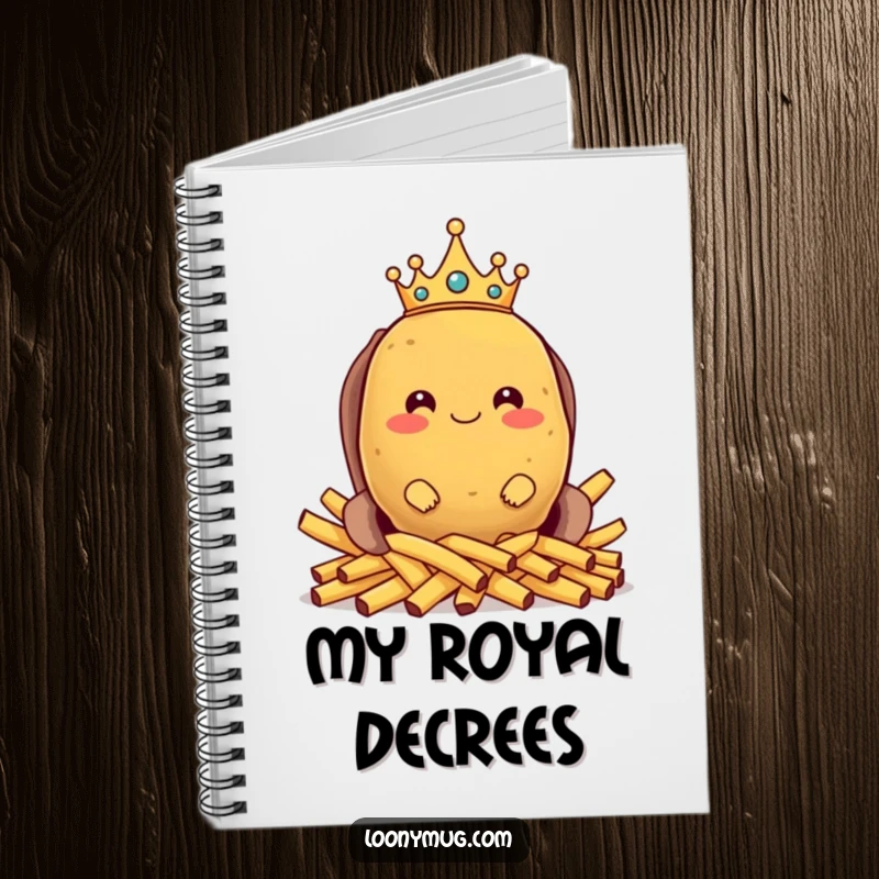 Funny notebook cover with a proud potato king on a french fry throne, perfect for humorous note-taking and royal planning.