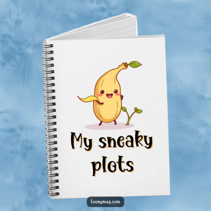 Funny notebook with a mischievous banana peel attempting to trip a potato sprout, perfect for notes and humorous ideas.