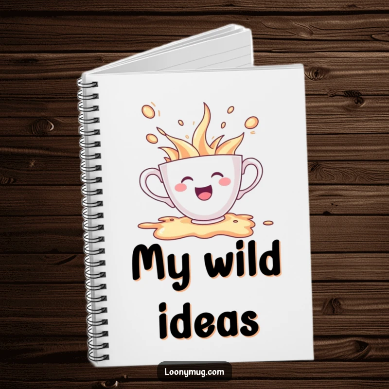 Funny notebook with a cheerful teacup character spilling its contents in excitement, for jotting down enthusiastic notes.