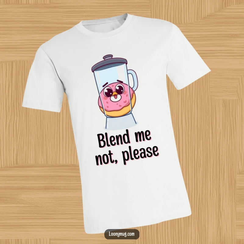 Funny t-shirt depicting a startled donut with googly eyes, trying to escape a blender, great for a funny gift.
