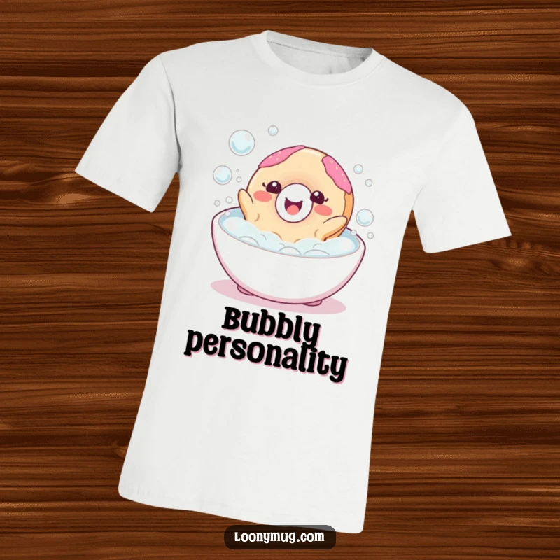 Funny t-shirt graphic of a happy donut character joyfully floating in a tub filled with bubbles, looking utterly content.