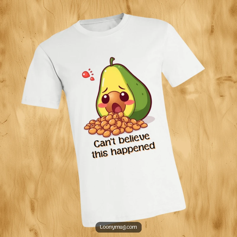 Funny shocked avocado spilling its seeds in disbelief, wearing a hilarious expression on this comfortable T-shirt. Ideal for avocado lovers.