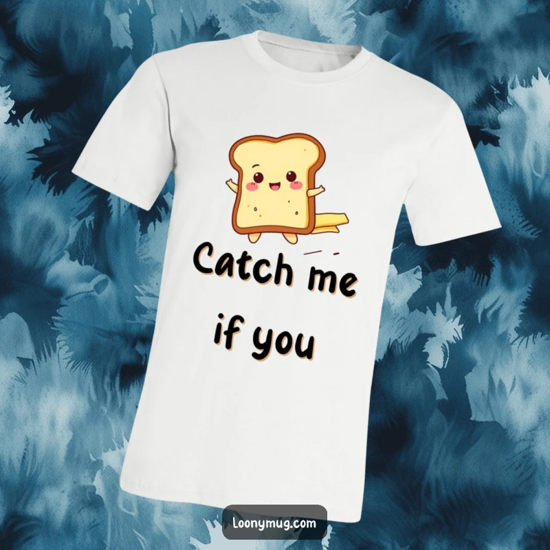 Funny cheerful toast slice riding a runaway butter pat, printed on a comfortable T-shirt. A whimsical and humorous design.