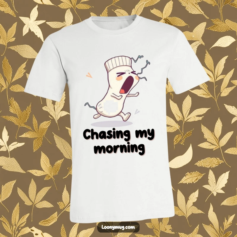 Funny t-shirt: a tired sock lets out a massive yawn while being chased by a fluffy, menacing lint monster, depicting morning chaos.