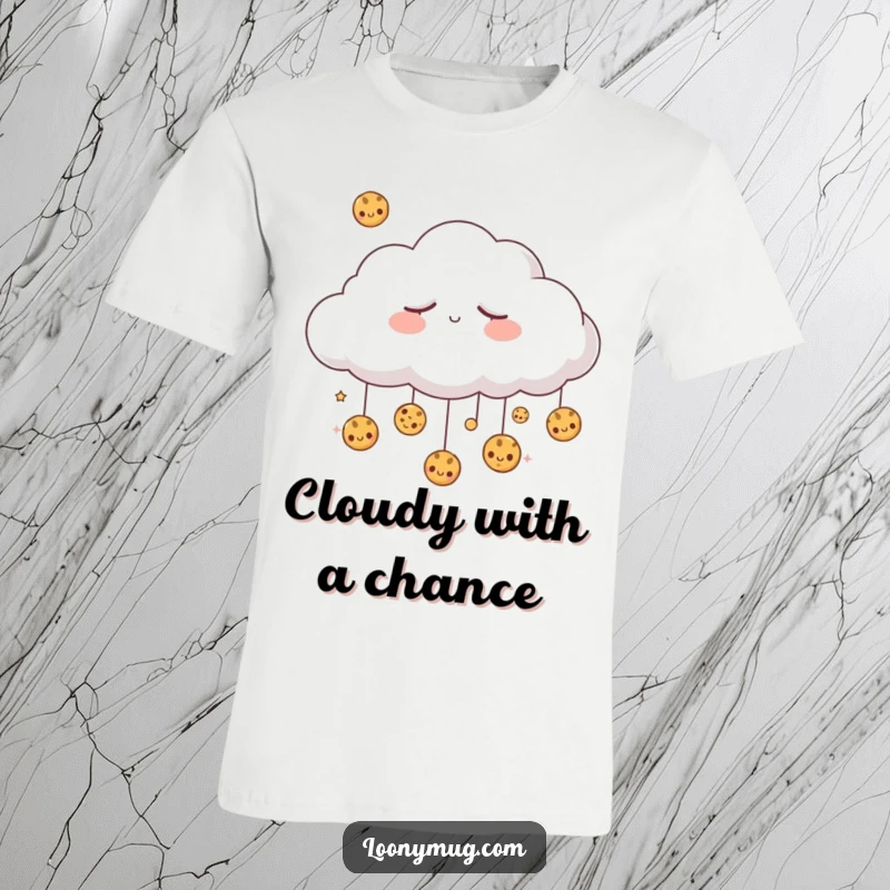 Funny sleepy cloud dreaming of raining cookies, printed on a comfortable T-shirt. A whimsical and humorous design.