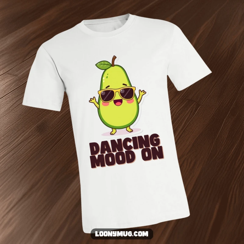 Funny t-shirt graphic of a cute avocado character wearing sunglasses and engaged in a hilarious, silly dance.
