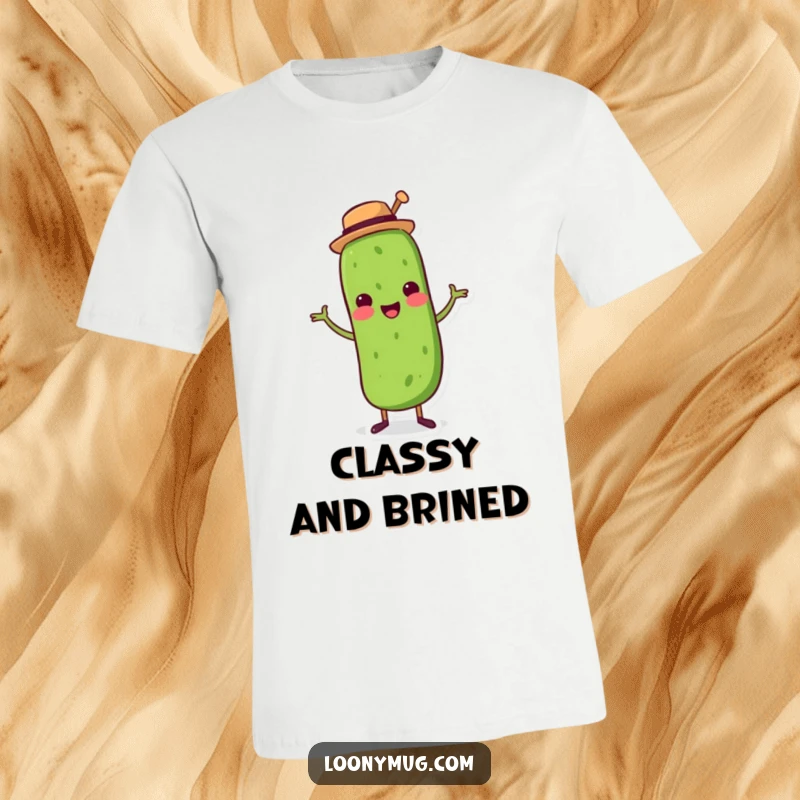 Funny t-shirt featuring a pickle joyfully dancing while wearing a small top hat, full of energy.