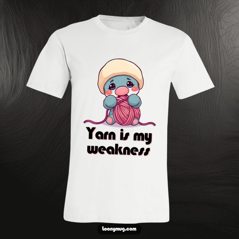 Funny t-shirt with a playful sock puppet in the middle of stealing and eating a ball of fuzzy yarn, looking very pleased.