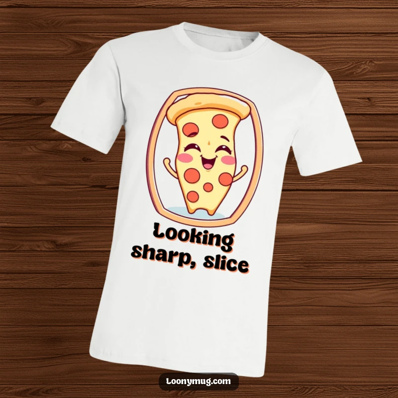 Funny t-shirt featuring a delighted pizza slice character making funny faces at its own reflection in a mirror.