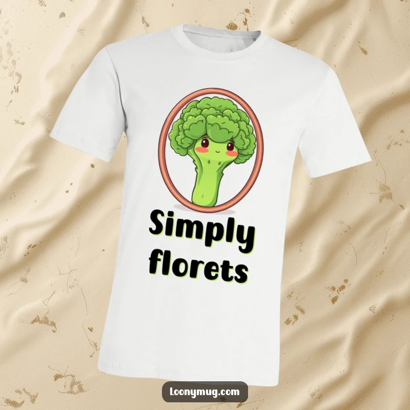 Funny t-shirt featuring a proud broccoli looking admiringly at its reflection in a mirror, highlighting its florets.