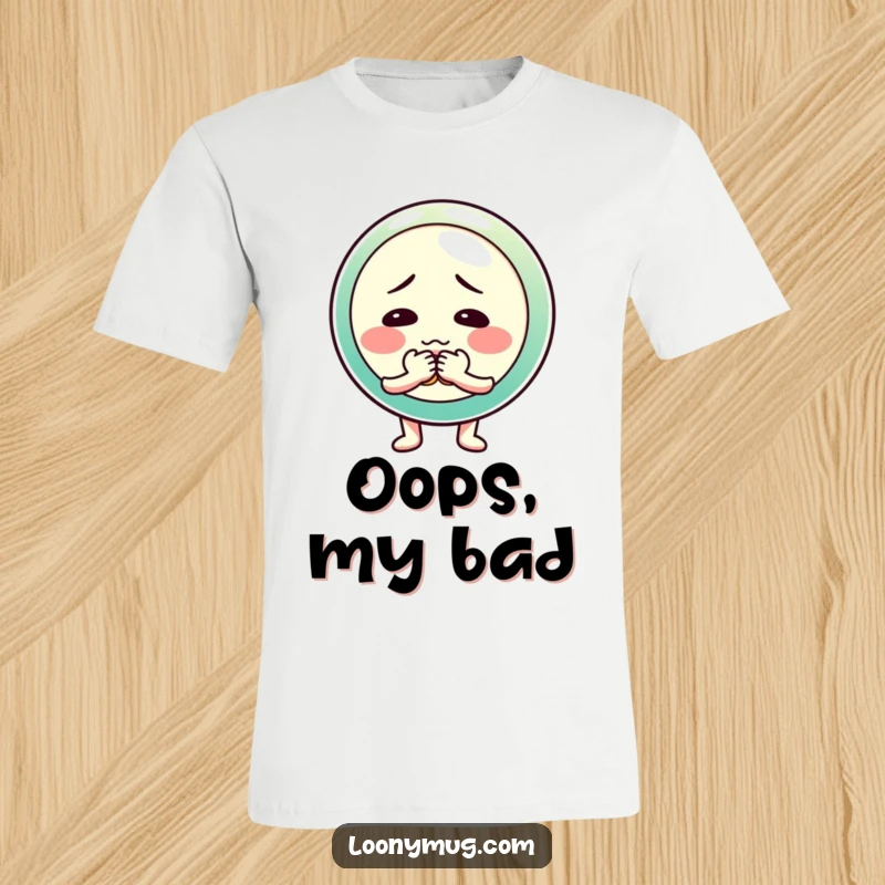 Funny t-shirt depicting a shy button character nervously fumbling with its buttons, symbolizing relatable social anxiety.